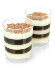 Tasty jelly coffee with milk isolated on white