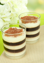 Tasty jelly coffee with milk on table on light background