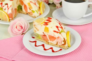 Delicious jelly cake on table close-up