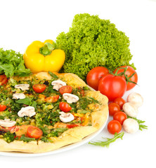 Tasty vegetarian pizza and vegetables, isolated on white