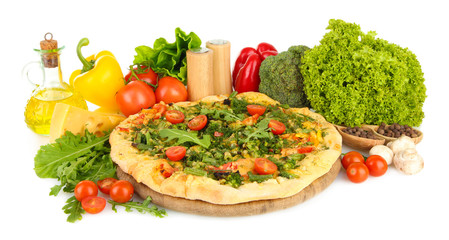 Tasty vegetarian pizza and vegetables, isolated on white