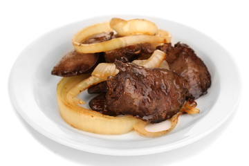 Appetizing fried chicken livers on plate isolated on white