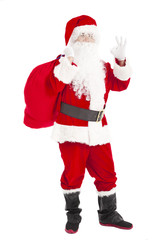 merry Christmas Santa Claus holding gift bag with ok gesture