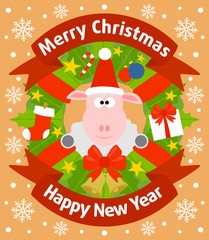 Christmas and New Year background card with sheep