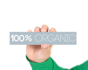 woman holding 100% organic