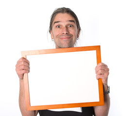 man with white signboard