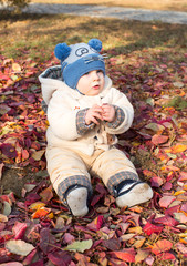 Happy child boy is playing with leaves in autumn park