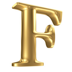 Golden matt letter F in perspective, jewellery font collection