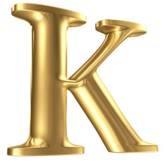 Golden matt letter K in perspective, jewellery font collection