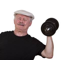 Exhausted senior man lifting dumbbell