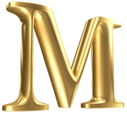 Golden matt letter M in perspective, jewellery font collection
