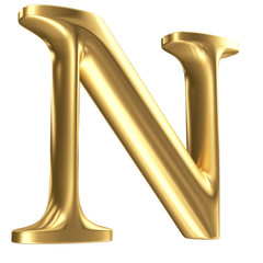 Golden matt letter N in perspective, jewellery font collection