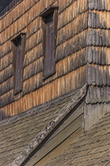 Detail of a traditional wooden church in Zhovkva
