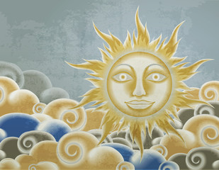 Retro style sun and clouds illustration