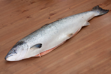 Atlantic salmon on a wooden table