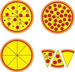 Pizza pie and slices with various toppings