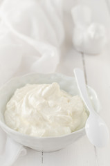 Fototapeta na wymiar Greek Yoghurt in a White Bowl