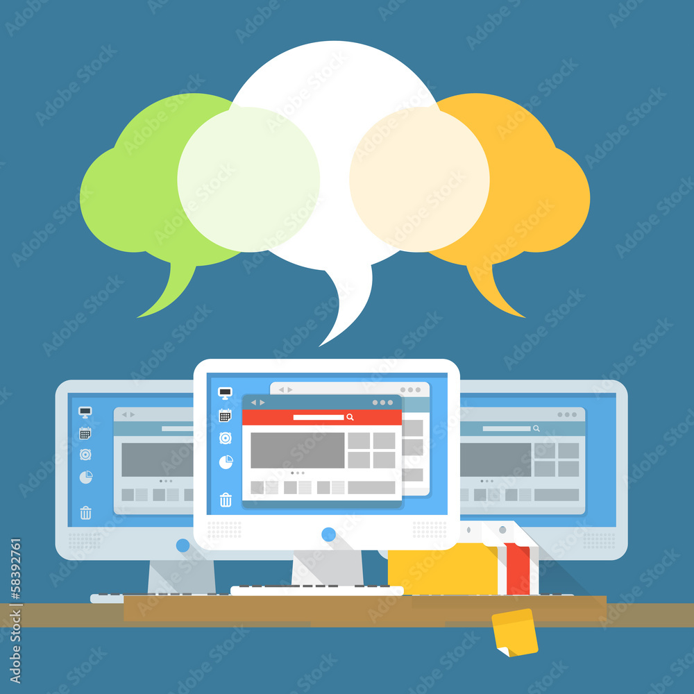 Poster group of modern computer workstations with speech clouds. illust