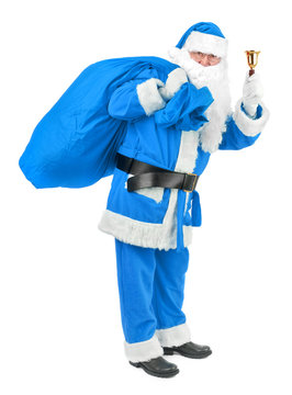 Blue Santa claus with bell on white