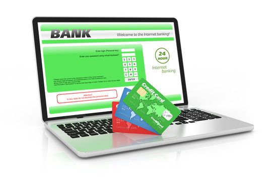 Internet banking service. Laptop and credit cards
