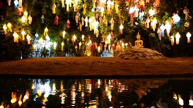 gold buddha image under beautiful lantern tree