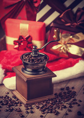 Coffee machine at christmas background