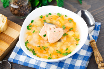 Healthy fish soup made of salmon
