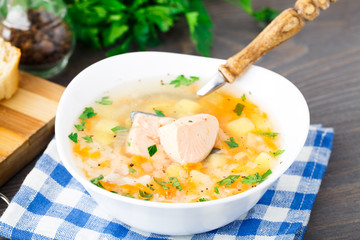 Healthy fish soup made of salmon