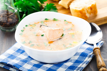 Healthy fish soup made of salmon