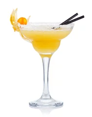 Rolgordijnen Yellow alcohol cocktail with goose berries isolated on white © Serhiy Shullye