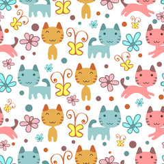 Seamless pattern with cute colorful kittens