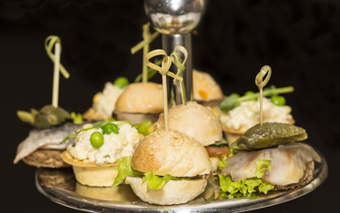 canape with meat vegetables and seafood bread