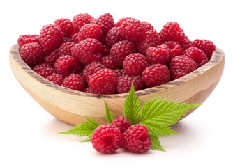 raspberries in wooden bowl