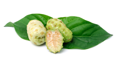 Exotic Fruit - Noni with  leaf on white background