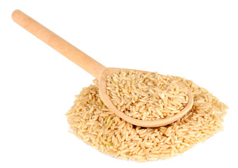 rice  in wooden  spoon isolated on white background