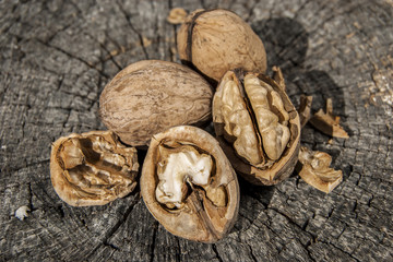 Freshly picked whole and broken walnuts on weathered tree trunk