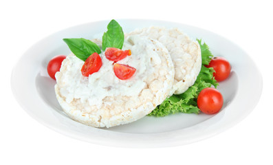 Tasty crispbreads with vegetables, isolated on white