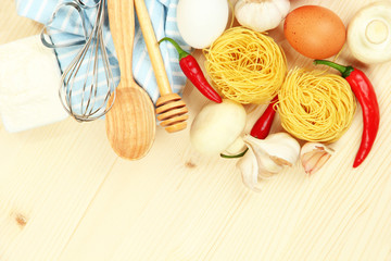 Cooking concept. Groceries on wooden table