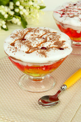 Tasty jelly in bowls on table close-up