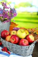 Juicy apples in basket on table on natural background