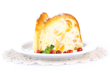 Slice of tasty homemade cake with berries, isolated on white