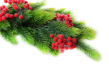 Christmas decorations on fir tree, isolated on white