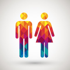 man & woman restroom sign with colorful diamond