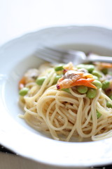 Italian food, soy bean and clam spaghetti