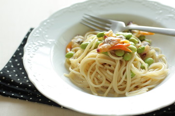 Italian food, soy bean and clam spaghetti