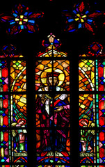 Catholic Saint on stained window in Polish Church
