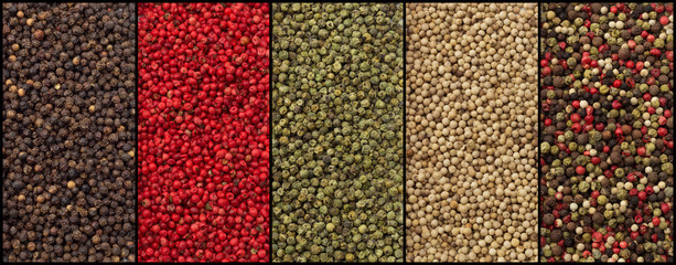 varieties of pepper: black, red, green, white and mixed