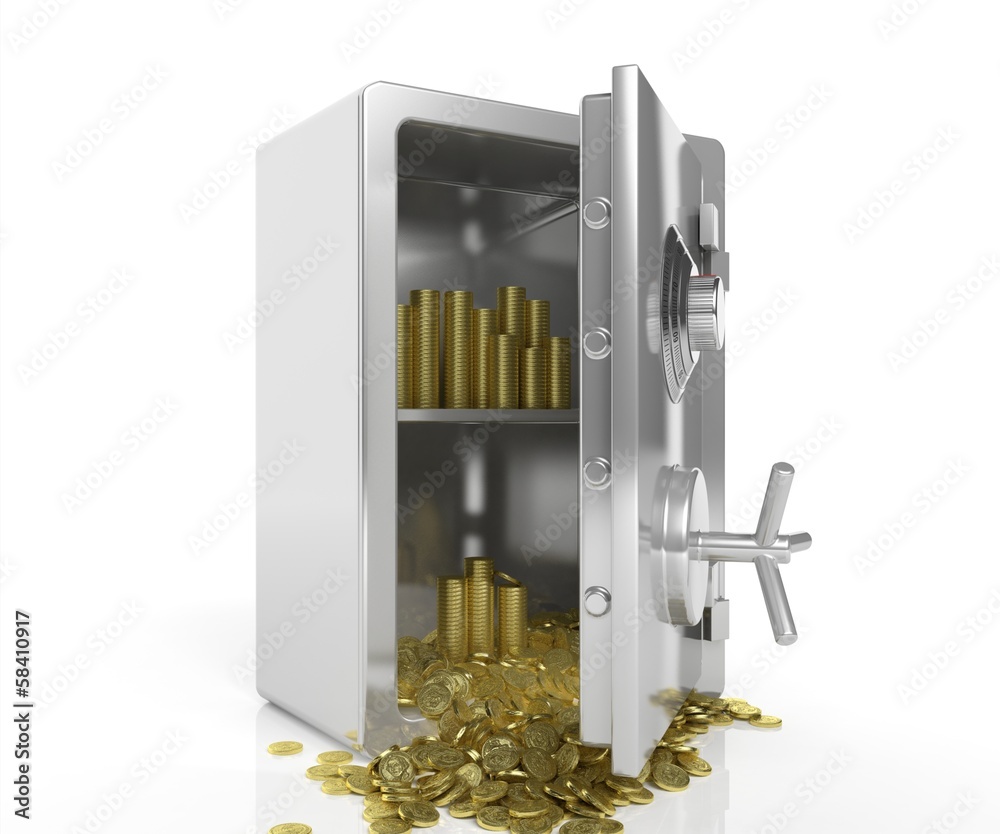 Wall mural Safe with golden coins isolated on white