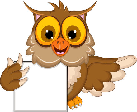 cute owl cartoon holding blank sign