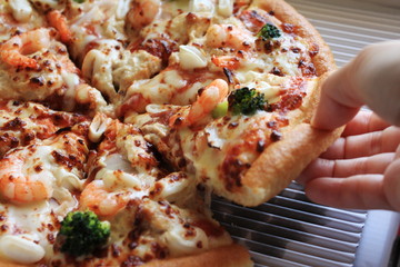 close up of seafood pizza